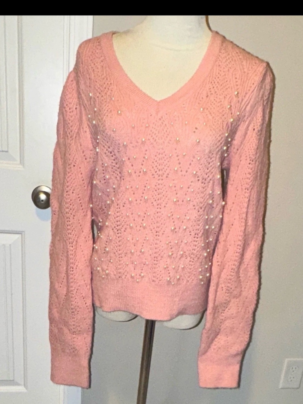 Nanette Lepore Pink Beaded V-Neck Knit Pullover Sweater Women’s M
